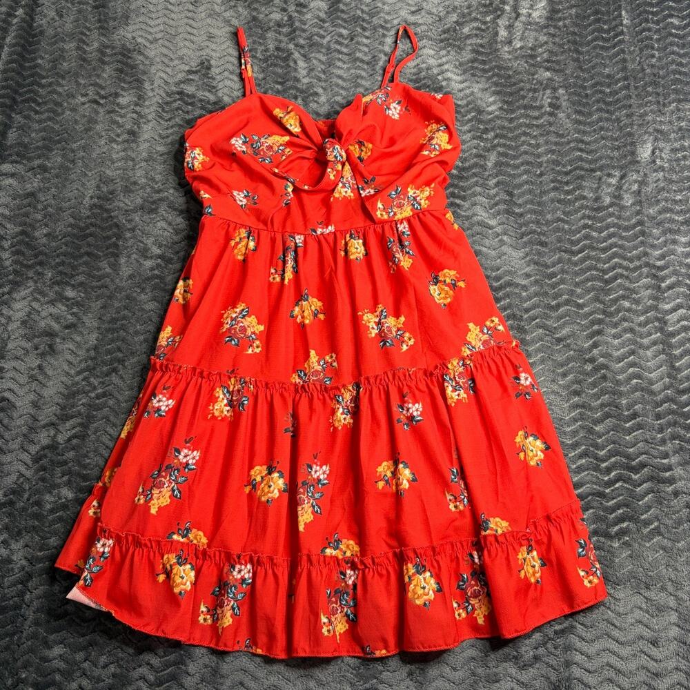 Red Floral Tie Front Sundress size L Boho Tiered Mini Spaghetti Strap Summer